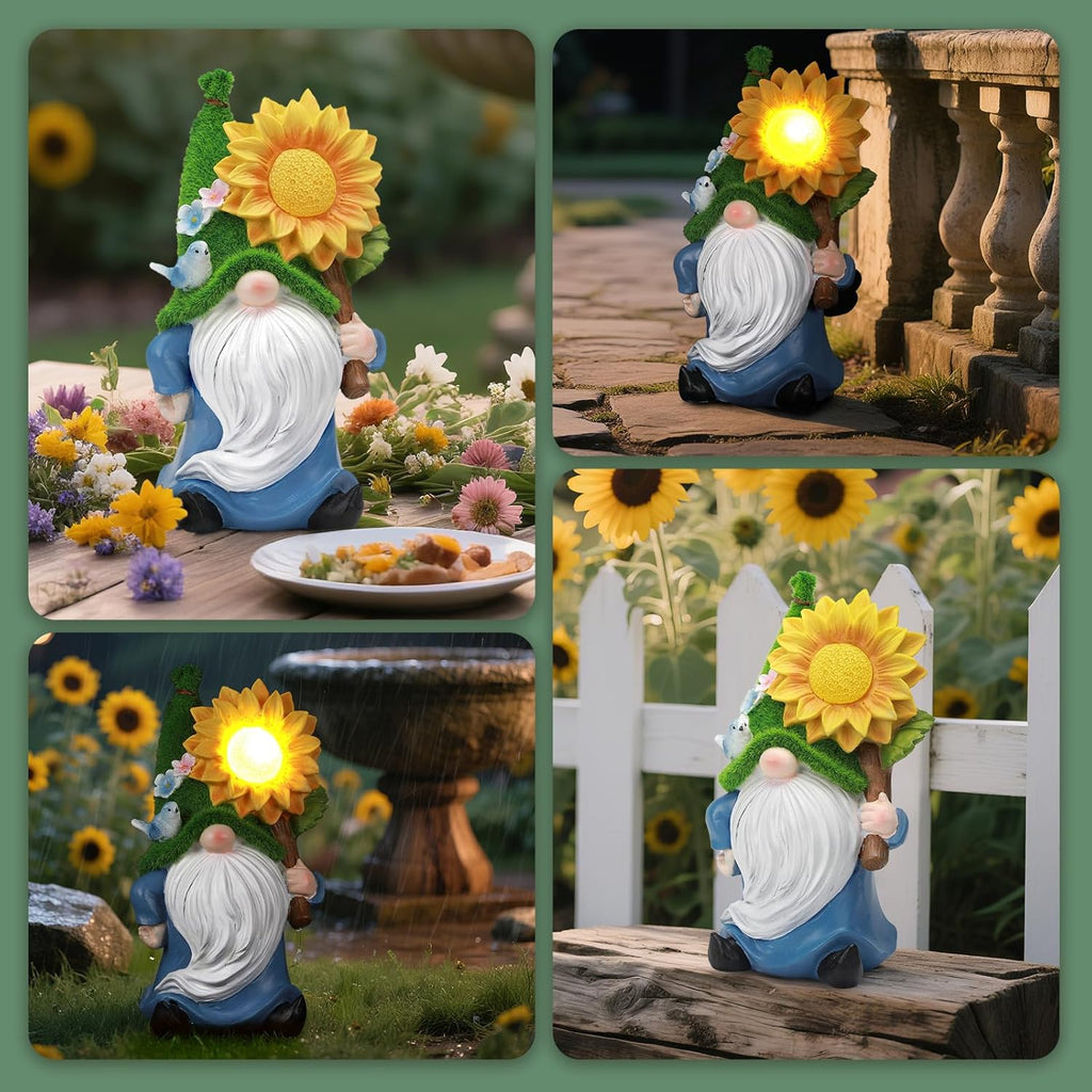 Solar Gnome with Glowing Sunflower Light,Weatherproof Resin Garden Figurine Decor Auto On/Off - Fairytale Statue Gift for Patio,Yard & Gifts