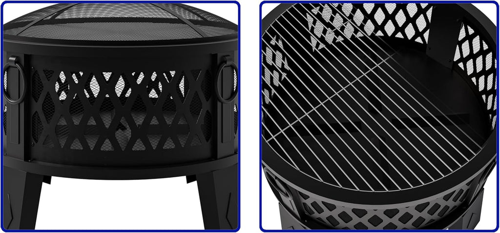 Fire Beauty 26" Steel Fire Pit with Grill & Diamond Mesh Design,360° Airflow Tech for 80% Less Smoke,XL Flames,Heavy-Duty Portable Outdoor Fire Bowl for Camping, Backyard, Beach (22lbs, 4 Handles)