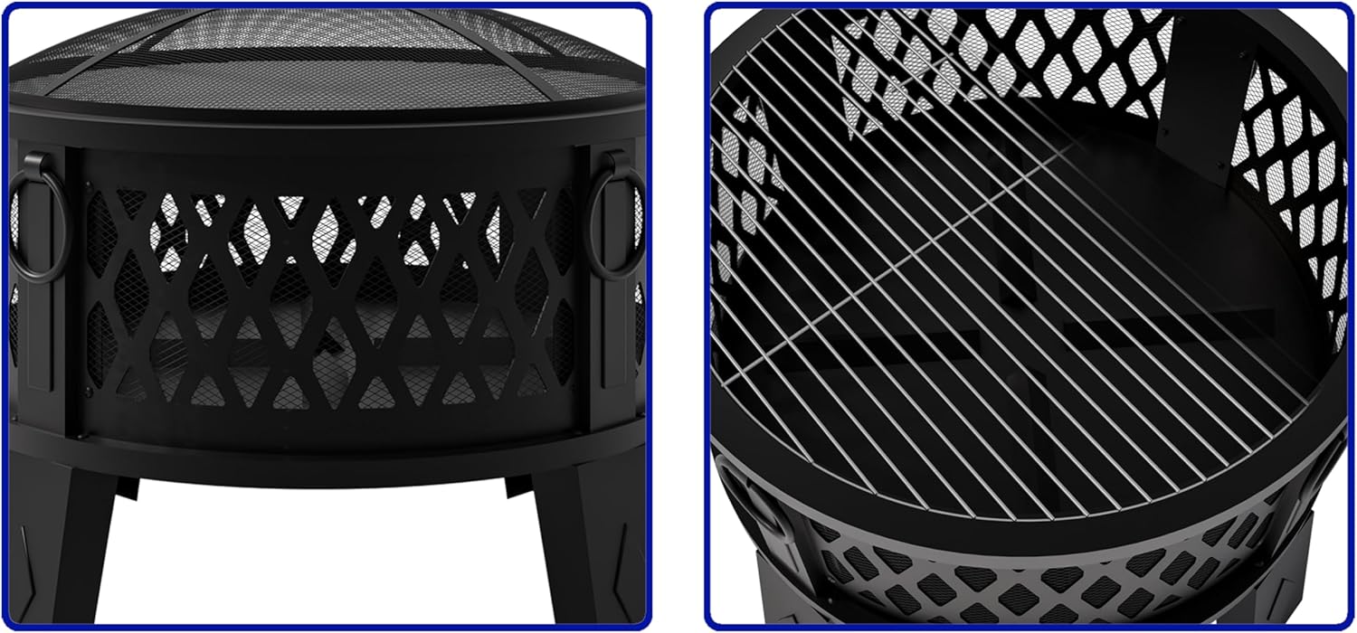 Fire Beauty 26" Steel Fire Pit with Grill & Diamond Mesh Design,360° Airflow Tech for 80% Less Smoke,XL Flames,Heavy-Duty Portable Outdoor Fire Bowl for Camping, Backyard, Beach (22lbs, 4 Handles)