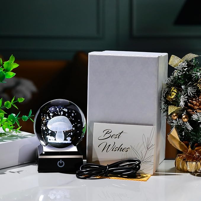 Qianwei 3D Crystal Ball Night Light - 3.14'' Mushroom Decor Glass Plants Lamp Figurines Statue for Room Decoration