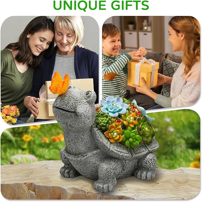 Solar Garden Outdoor Statues Turtle with Succulent Butterfly 8 LED Lights, Lawn Decor Tortoise Figurine for Patio Balcony Yard, Yard Unique Christmas Birthdays Gift for Mom Grandma