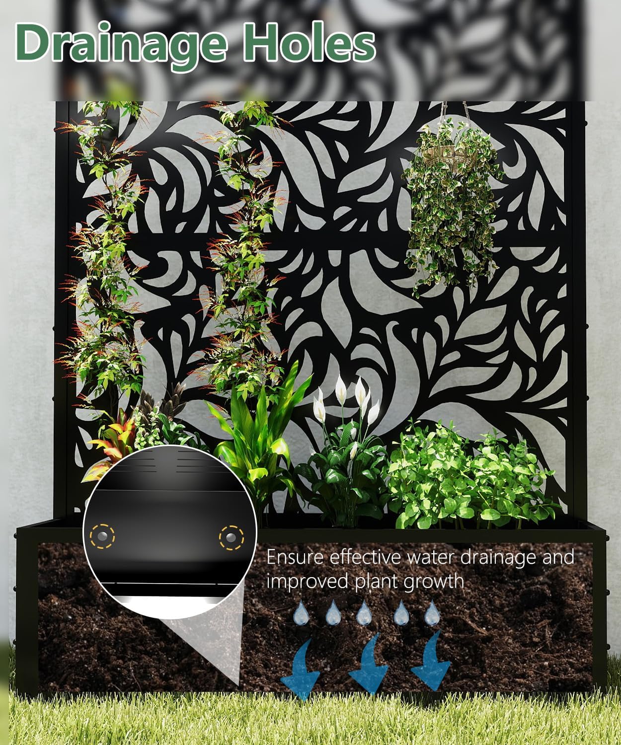 Metal Planter Box with Trellis,70.9"x47.2"x15.7" Raised Garden Bed with Drainage Holes, Privacy Planters for Outdoor Garden Bed for Climbing Plants,Vegetables,and Vines, Black-Flower