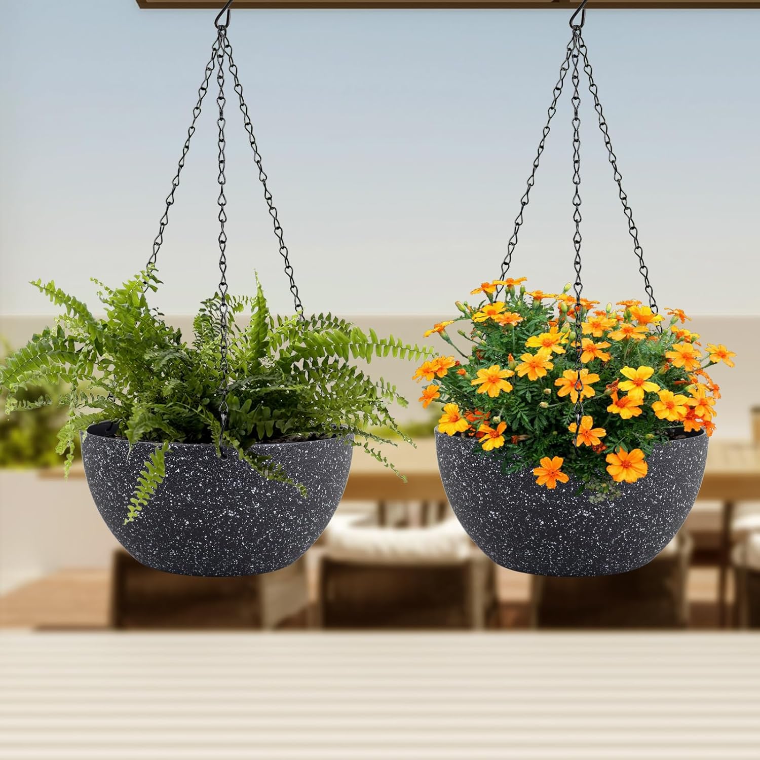 12 inch Large Hanging Planters for Indoor Outdoor Plants, 2 Pack Hanging Flower Pots with Drainage Holes and Chain for Garden Porch, Plastic Hanging Baskets for House Plants, Speckled Black