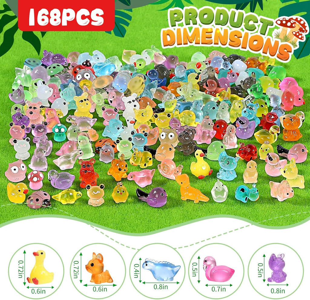 168 Pcs Mini Resin Animals Tiny Resin Animals Mini Ducks Miniature Little Small Figurines Glow in The Dark for Dollhouse Fairy Garden Accessories DIY Hide Crafts Potted Plant Aquarium Decor