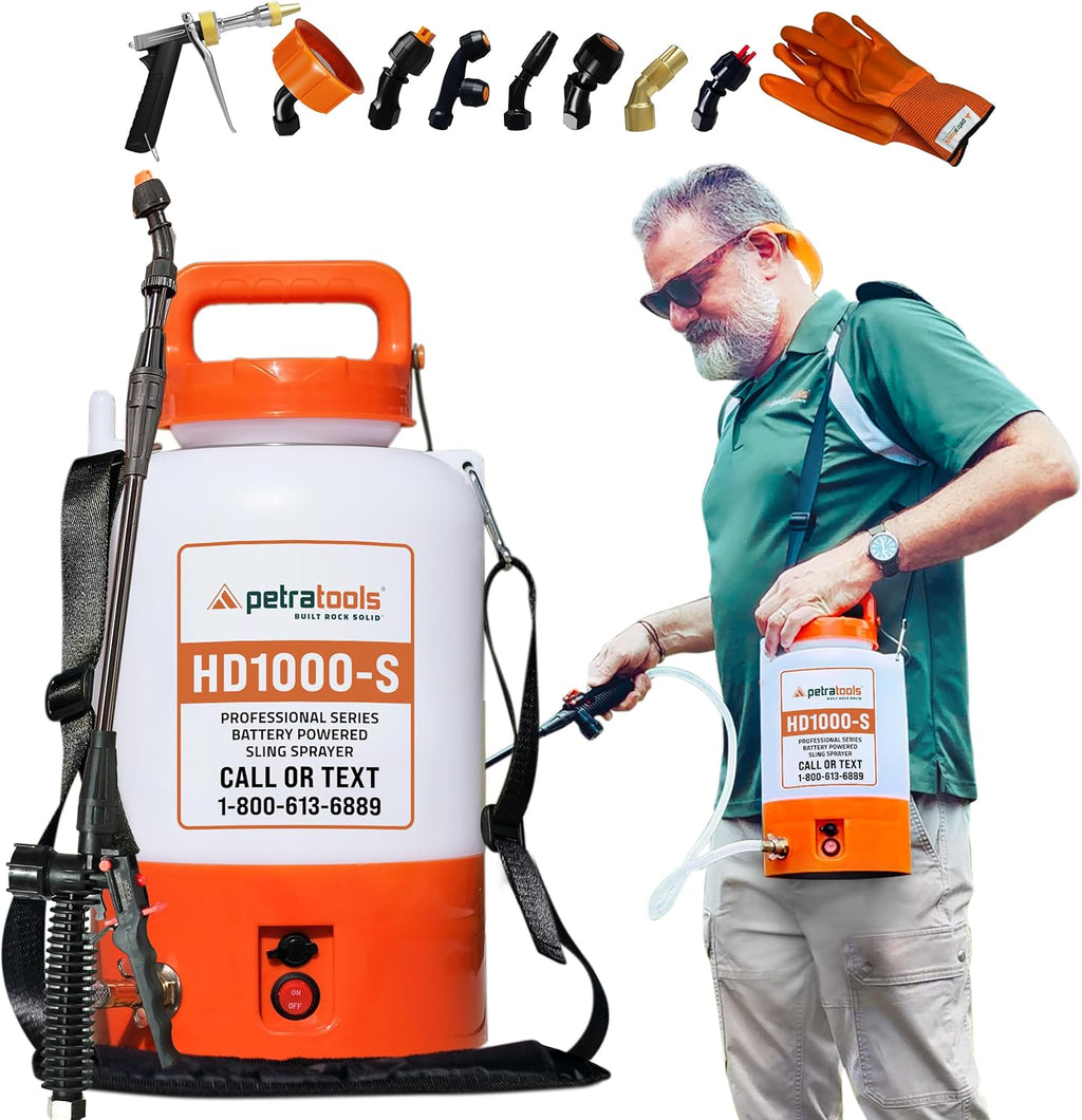 PetraTools Battery Powered Sprayer 1 Gallon - HD1000-S - Heavy Duty Electric Sprayers in Lawn and Garden for Weed/Pest Control, Watering & More - with 8 Nozzles & Strap (1 Gallon ProKit)