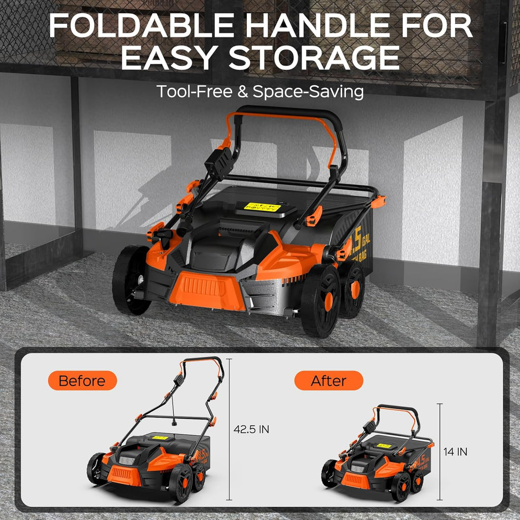 16-Inch 15.5 Amp 2-in-1 Electric Dethatcher and Scarifier with 14.5-Gallon Removable Thatch Collection Bag, Lawn Dethatcher with 5-Position Adjustment, Quick-Fold, Keeps Lawn Healthy - Orange