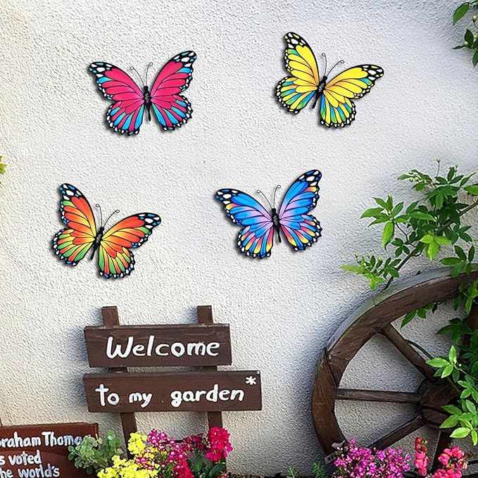 Oraytteo Metal Butterfly Wall Outdoor Decor - 4pcs 9.8inch Hanging Butterflies Wall Art Sculptures for Indoor and Outdoor Fence Patio Yard Home Wall Decorations, Gift for Mom Dad Friends