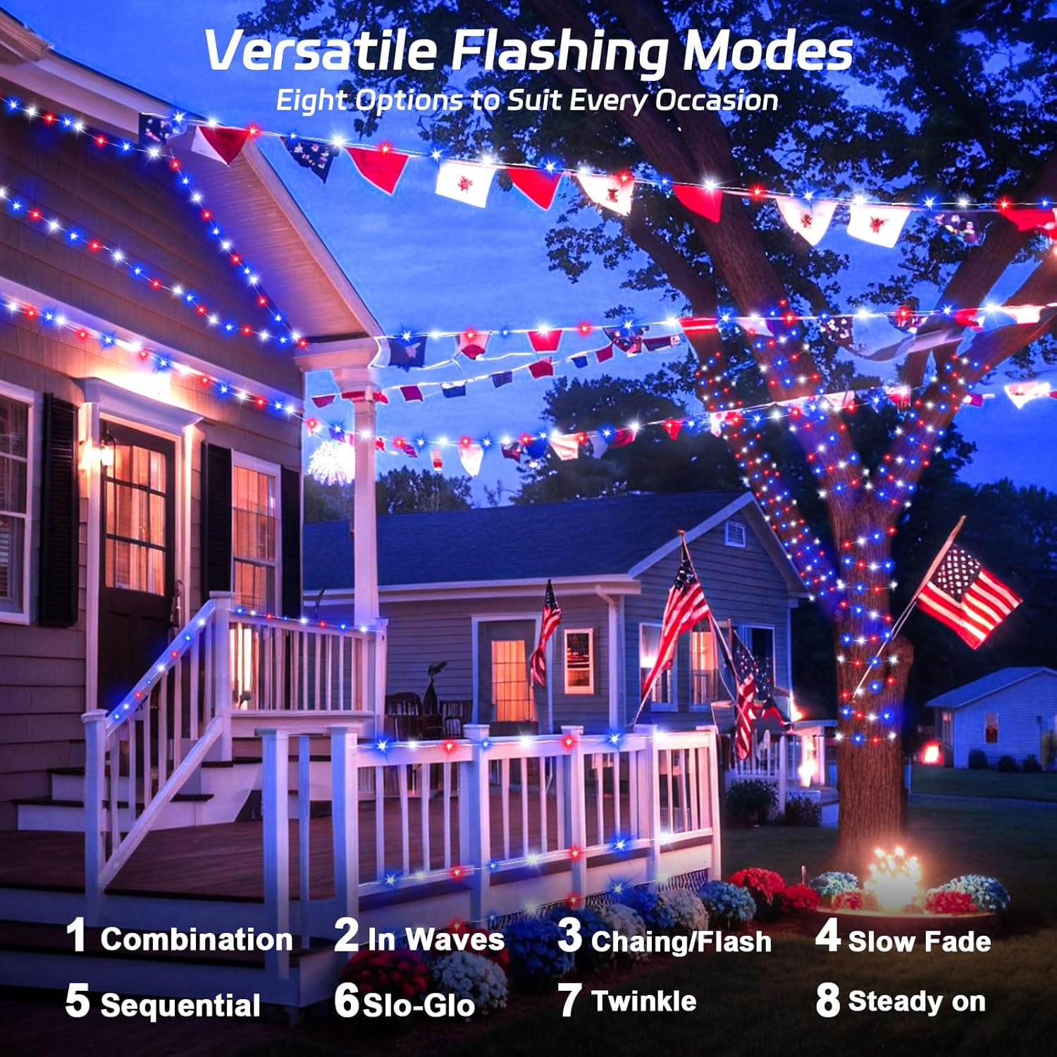 Red White and Blue Solar Fairy Lights, Memorial Day Lights Waterproof Outdoor 39.4ft 120LED 8 Modes Memory Function Independence Day Memorial Day Decorations, CS-SL-5M