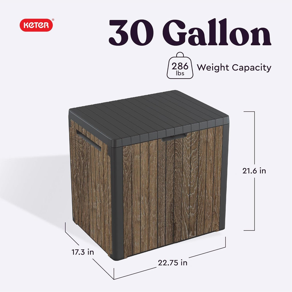 Keter Signature Everwood 30 Gallon Resin Outdoor Storage Box and Patio Furniture Side Table for Pool and Garden Accessories, Walnut
