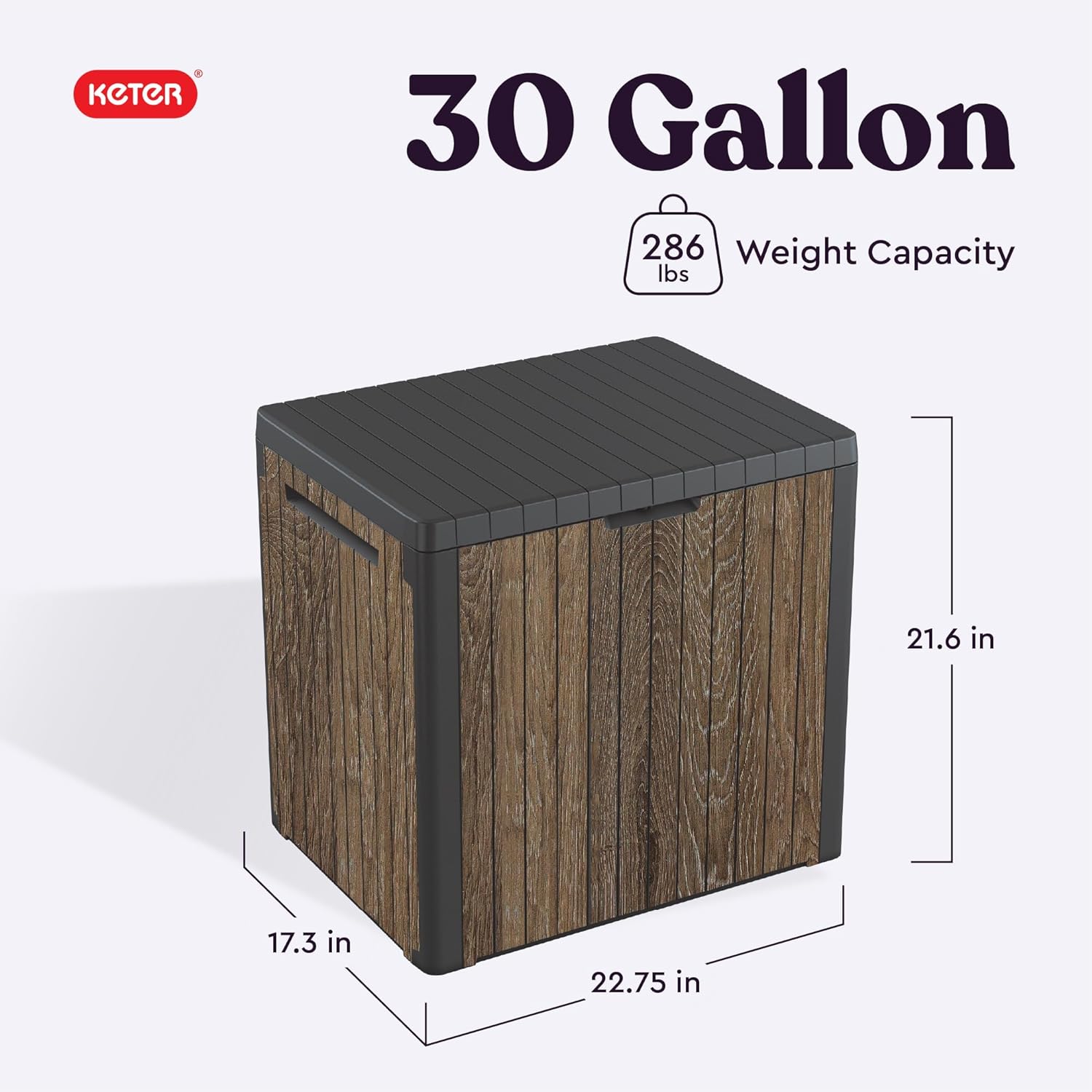 Keter Signature Everwood 30 Gallon Resin Outdoor Storage Box and Patio Furniture Side Table for Pool and Garden Accessories, Walnut