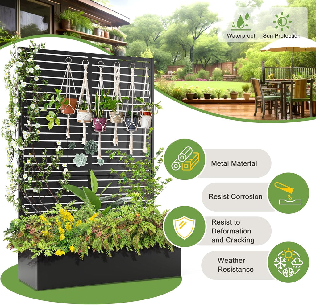 FENCY Metal Raised Garden Bed with Trellis, Metal Planter Box with Trellis, Garden Box for Climbing Plants Vegetable, 47" Lx16 Wx71 H Garden Bed with Drainage Holes(Black-Louvered)