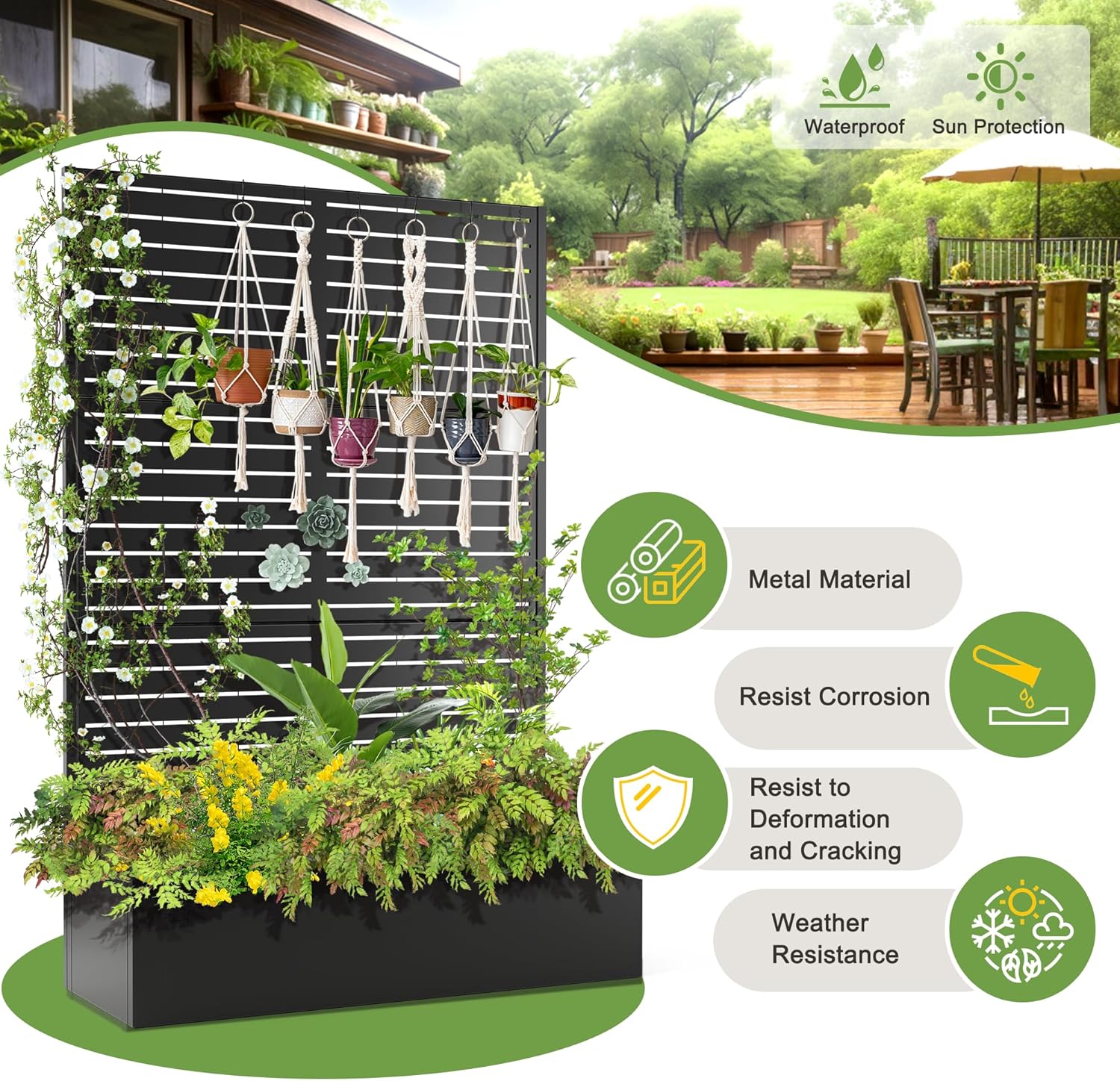 FENCY Metal Raised Garden Bed with Trellis, Metal Planter Box with Trellis, Garden Box for Climbing Plants Vegetable, 47" Lx16 Wx71 H Garden Bed with Drainage Holes(Black-Louvered)