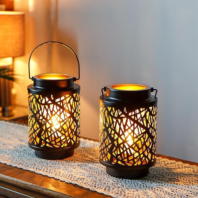 JHY DESIGN Set of 2 LED Battery Operated Table Lamp 8“H Cordless Lamp Light with 6-Hours Timer Metal Black Battery Lamp for Patio Garden Indoor Outdoor Party Events(Hollow Branch)