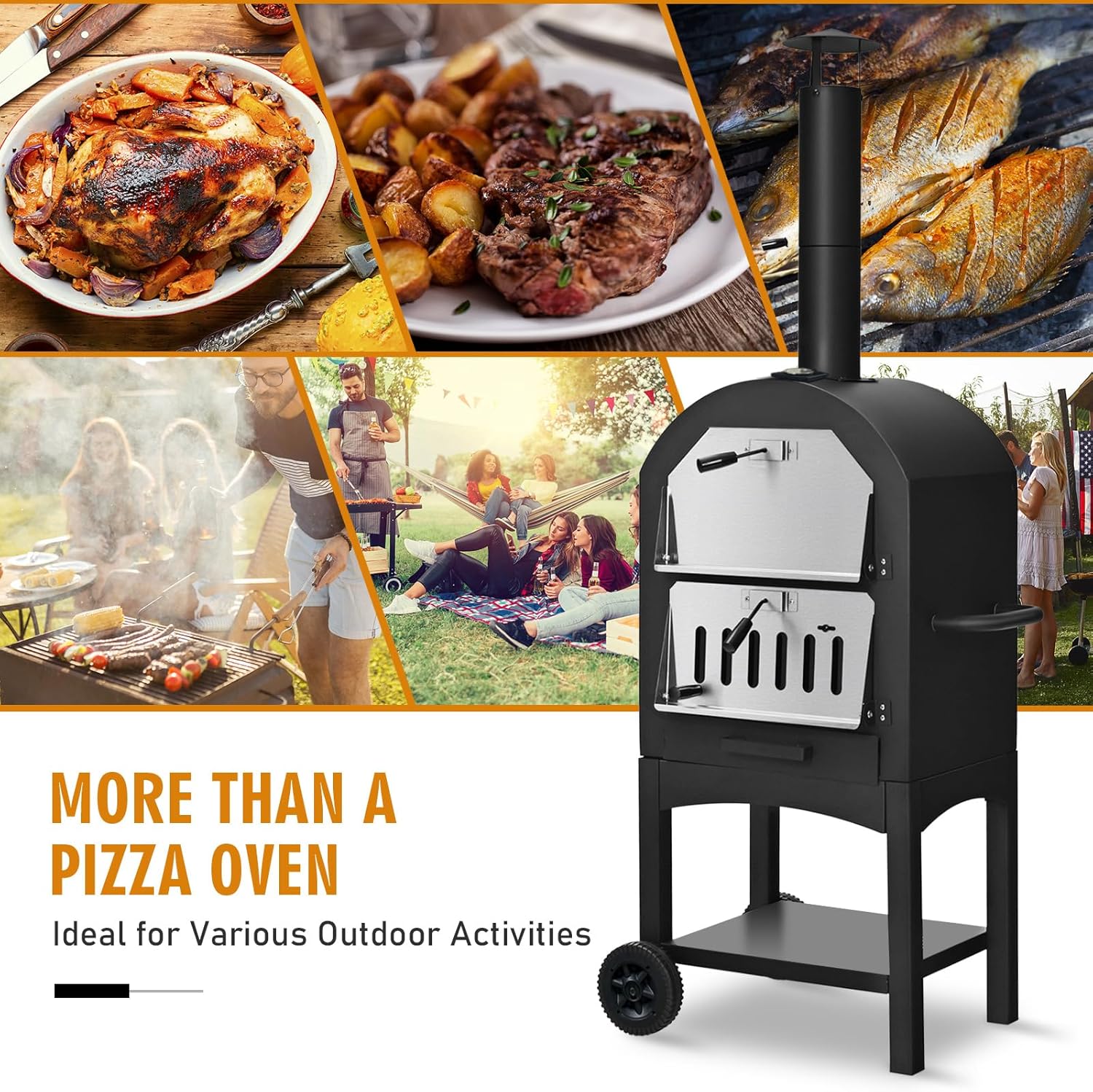 Happygrill Outdoor Pizza Oven Wood Fired, Portable Pizza Maker Grill w/Stone, Peel, Cooking Grids, Built-in Thermometer, Waterproof Cover, Wheels for Barbecue Backyard Camping