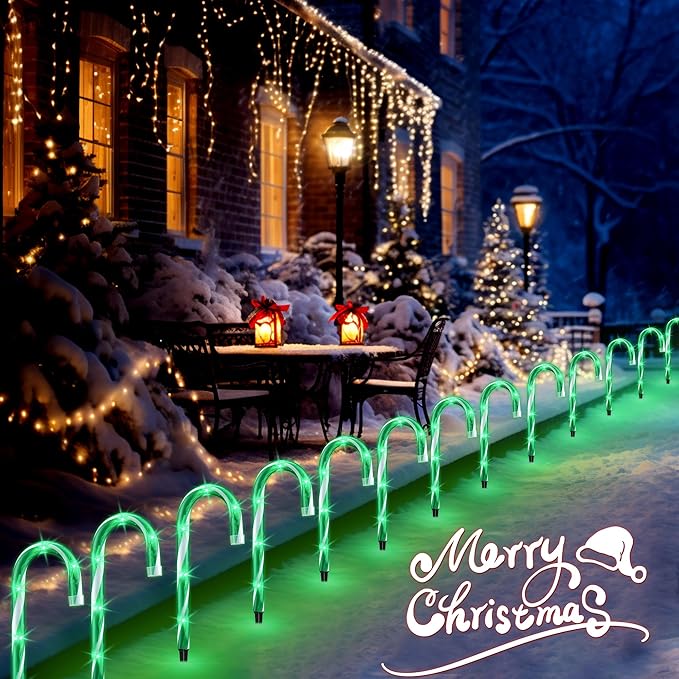10" 10 Pack Christmas Candy Cane Lights, Candy Cane Lights with 10 Stakes for Walkway Patio Yard Patio Garden Festival Holiday Outdoor Indoor Landscape Path, Christmas Decorations Outside, Green