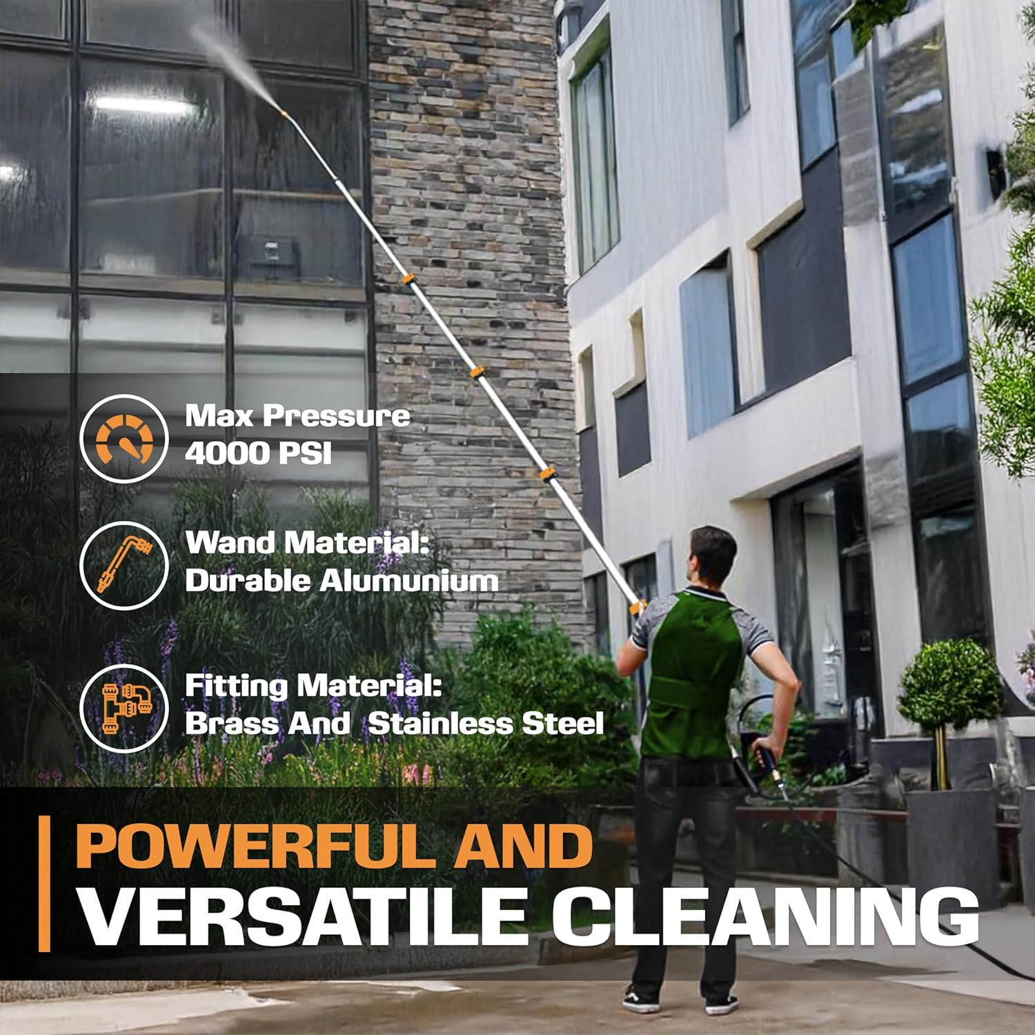 EDOU 20 ft Telescoping Pressure Washer Wand - Power Washer Gutter Cleaner Tool - 4,000 PSI Extension Pole with 1/4" Quick Connection, 5 Spray Nozzles, 2 Couplers, and Support Harness