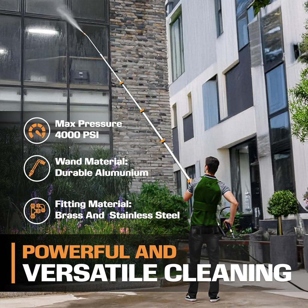 EDOU Direct Telescoping Pressure Washer Wand 19' | Heavy Duty | 4,000 PSI Max Working Pressure | Includes: 1/4" Quick Connection, 5 Spray Nozzle Tips, 2 Pivoting Couplers, 2 Adapters, Support Harness