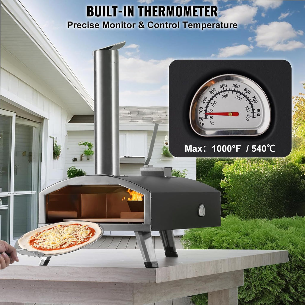 VEVOR OUTDOOR Pizza Oven, 12 Inch Wood Fired Pizza Ovens, Pellet Pizza Stove with Thermometer, Portable Pizza Maker for Outside Backyard Patio Camping, Pizza Stone, Carry Bag, Shovel, Black