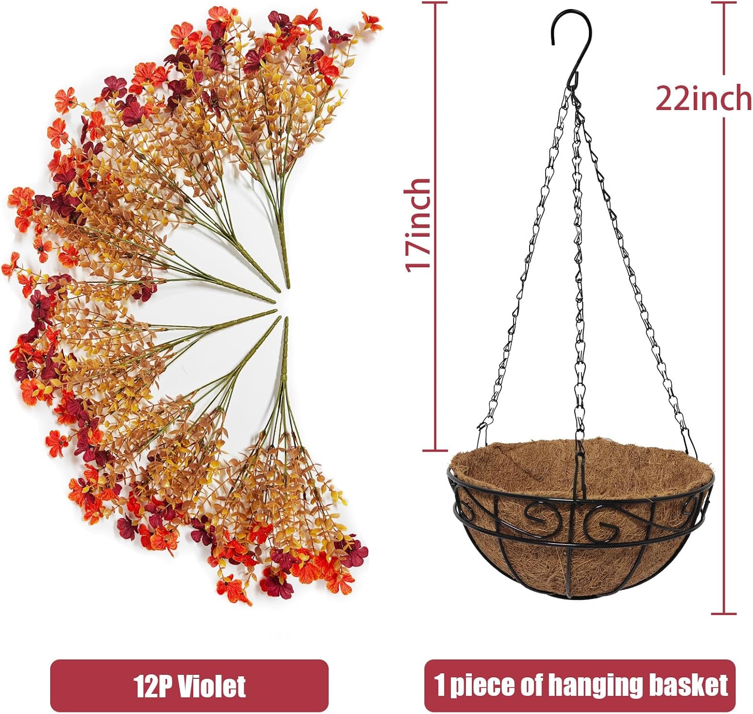 Fall Artfiticial Hanging Flowers Baskets for Outdoors, UV Resistant Fake Fall Hanging Plants, Faux Orange Flowers for Autumn Home Patio Garden Front Porch Balcony Decor (Orange Red)