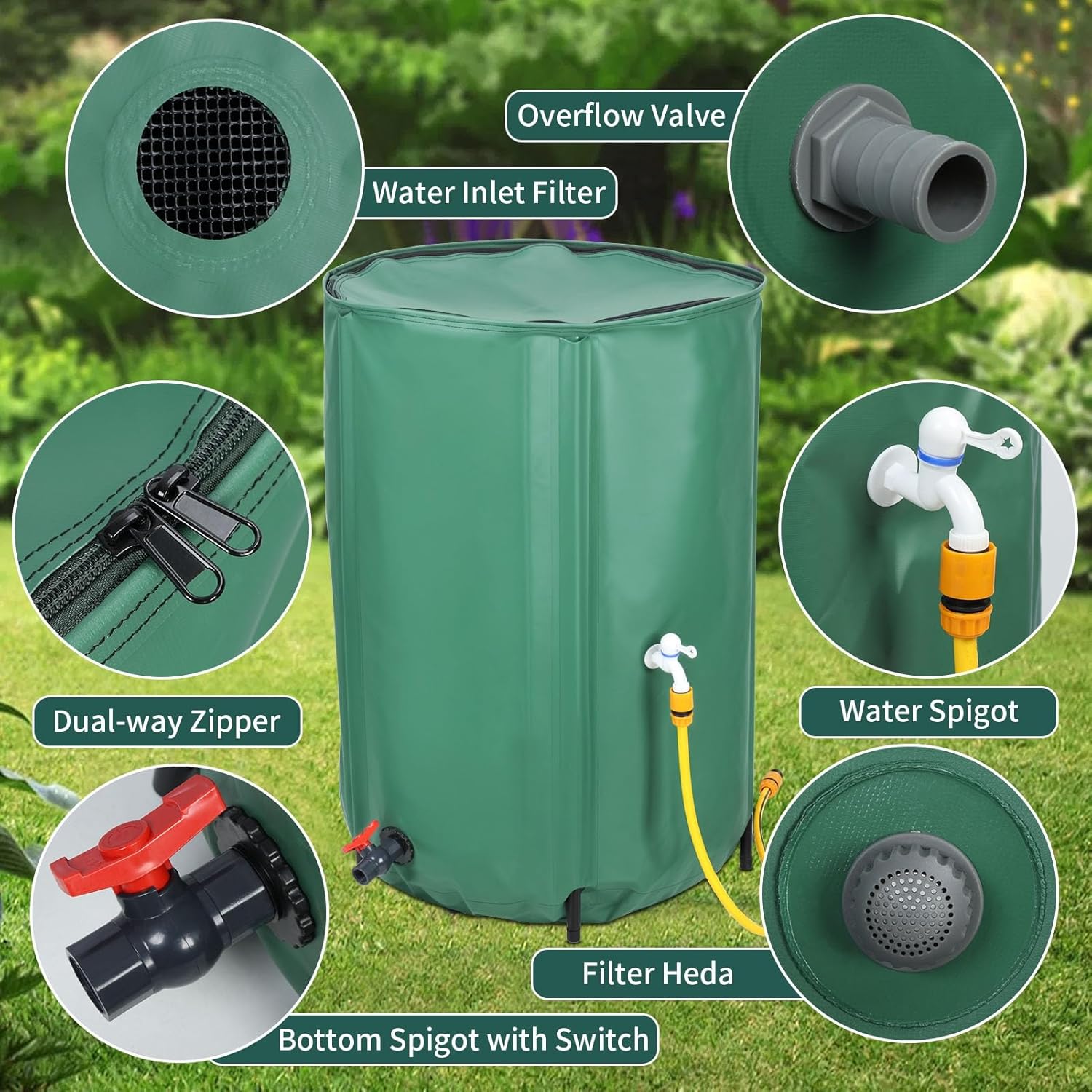100 Gallon Rain Barrel Water Collection System, Collapsible Portable Water Storage Tank, Rainwater Collect System Downspout, Water Catcher Container with Filter Two Spigots and Overflow Kit