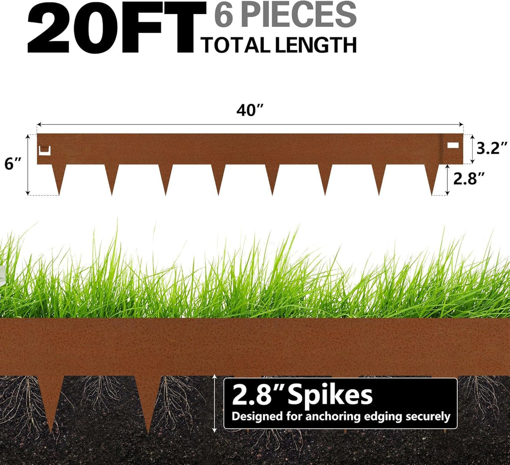 Worth Garden 6-Pack 6" H. Corten Steel Landscape Lawn Edging (20Ft Total) - Rust Patina Finish 18-Gauge Bendable Metal Strips - Hammer-in Edging Border - Buckle Connection - Yard Pathway Divider