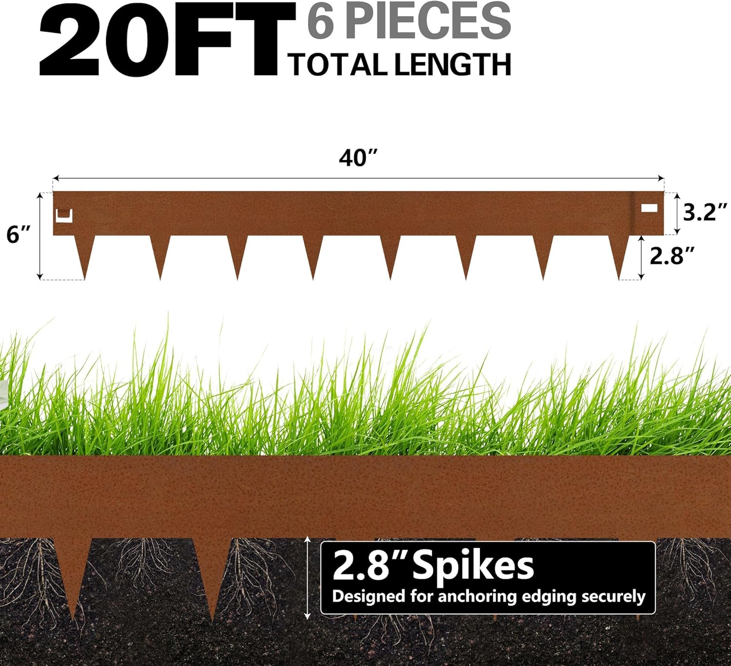 Worth Garden 6-Pack 6" H. Corten Steel Landscape Lawn Edging (20Ft Total) - Rust Patina Finish 18-Gauge Bendable Metal Strips - Hammer-in Edging Border - Buckle Connection - Yard Pathway Divider