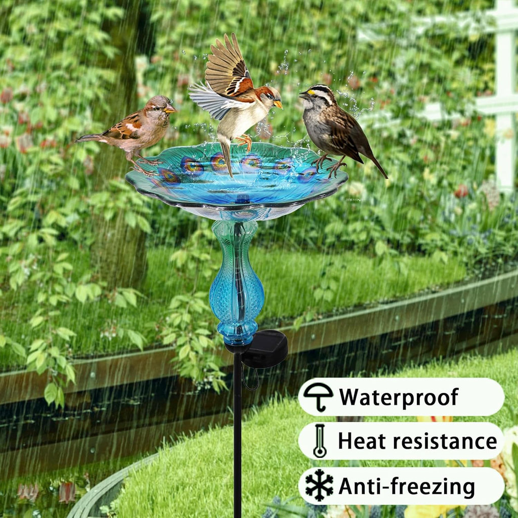 Blue Peacock Ground Stake Solar Bird Feeder for Outside,Bird Pond Outdoor Glass BirdBath with Metal Stake Garden Yard Outdoor, Garden Decoration Yard 32 inches