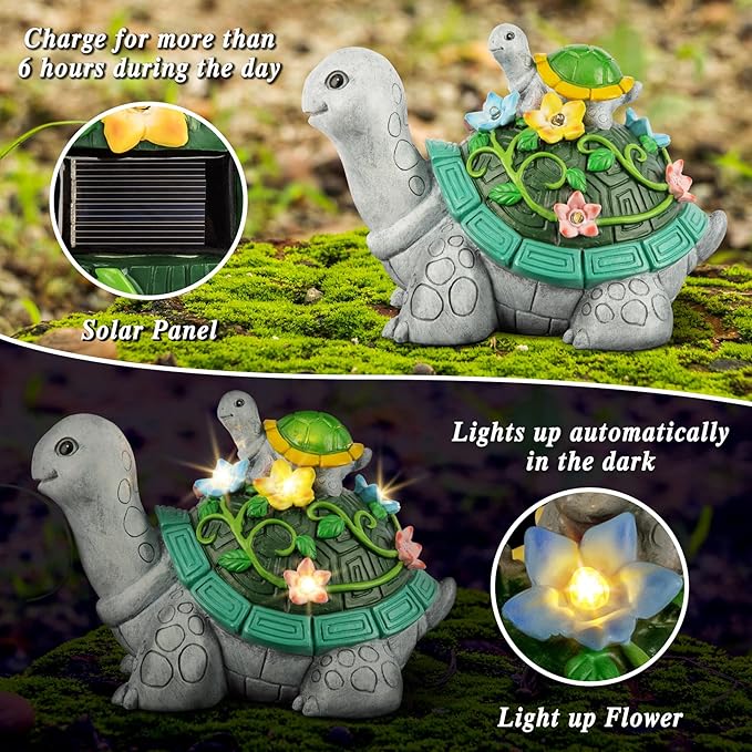 LESES Garden Statues, Turtle Solar Statue Garden Decor Clearance, Cute Turtle Figurines with Baby & 7 LED Solar Lights Lawn Decorations for Patio Yard Gifts for Mom Grandma Housewarming