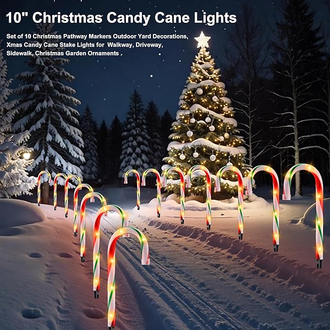 10" Christmas Candy Cane Lights - Set of 10 Pathway Markers Christmas Outdoor Yard Decorations, Xmas Candy Canes Stake Lights for Lawn Walkway Garden, Xmas Party Indoor Ornaments