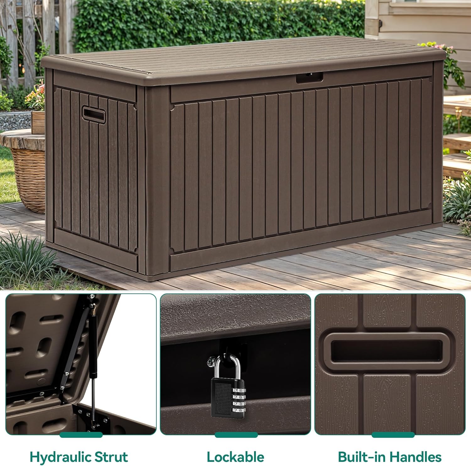 YITAHOME 260 Gallon Double-Wall Deck Box with Divider & Side Handles, Outdoor Large Storage for Patio Furniture Cushions, Garden Pool Accessories, Water Resistant & Lockable, Dark brown