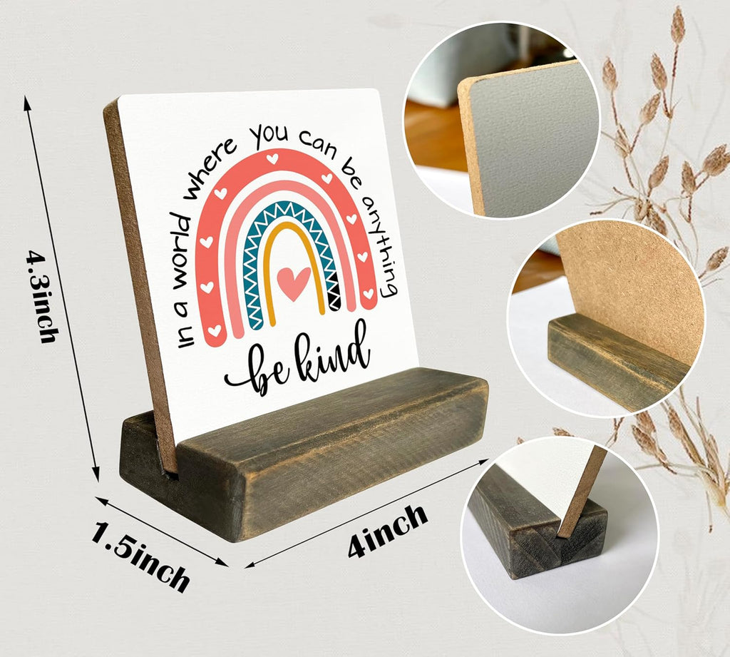 BQL Primitive Wooden Sign, 'In A World Where You Can Be Anything, Be Kind', Desk Plaque with Wooden Stand, Rainbow Decor, 4 x 4.3 inches