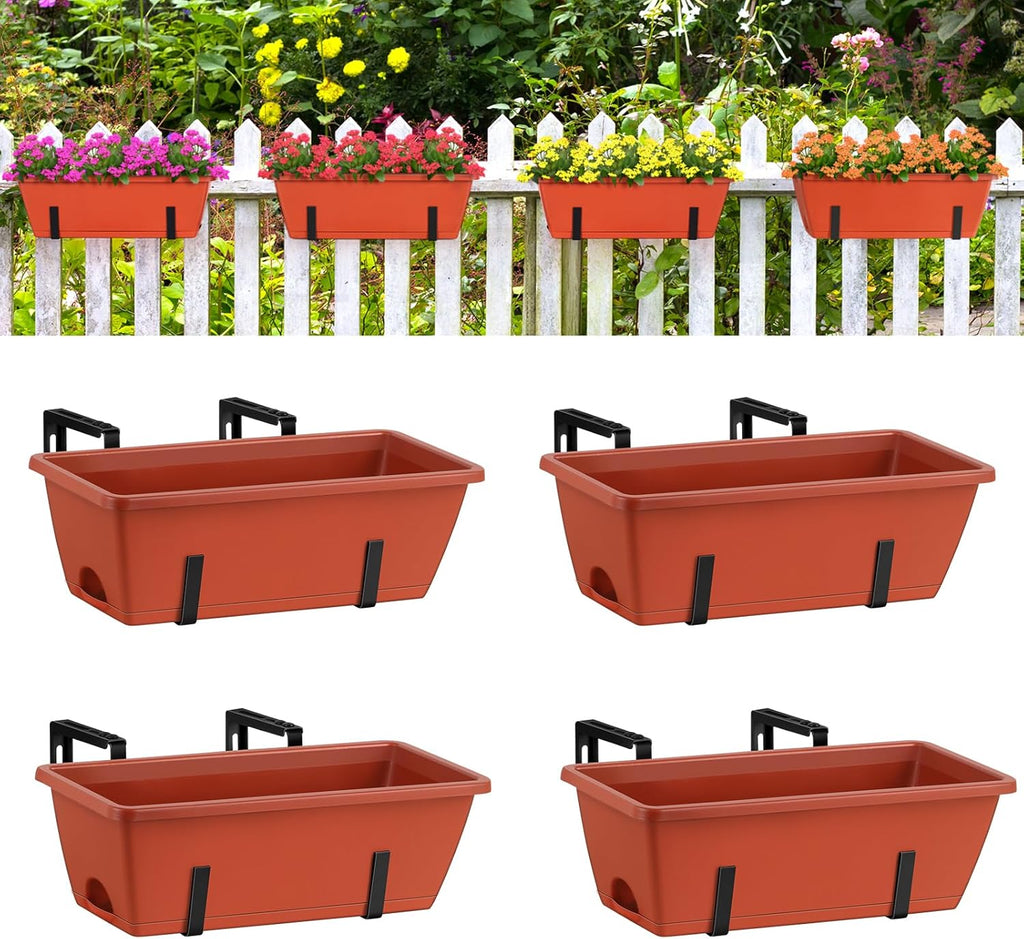 smusei Window Boxes Planters 17’’ Railing Planter Box with Adjustable Brackets, 4 Pack Hanging Deck Railing Planters Rectangular Flower Pots for Outdoor Patio Balcony Fence