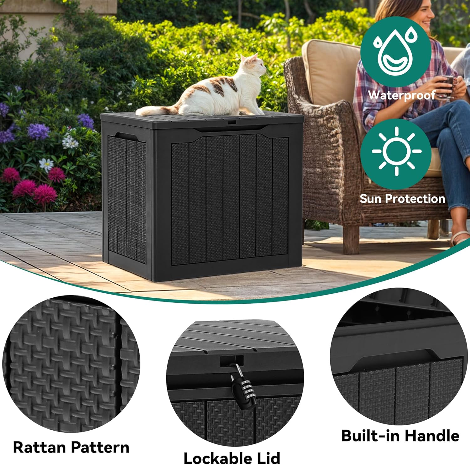 YITAHOME 30 Gallon Outdoor Storage Box, Small Water Resistant Resin Deck Box, Indoor Outdoor Lockable Rattan Storage Container for Patio, Garden, Cushions, Tools, Equipment (Black)