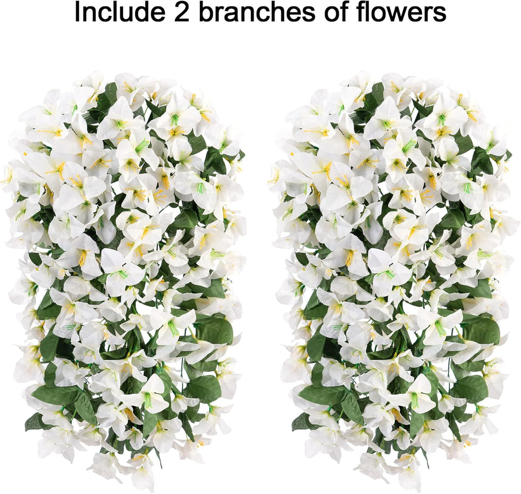 Bougainvillea Artificial Hanging Flowers Plants for Outdoors Decoration, 2pcs Fake Flowers Silk Bougainvillea Vines Realistic UV Resistant Faux Flowers for Outdoor Planters Patio Urn, White