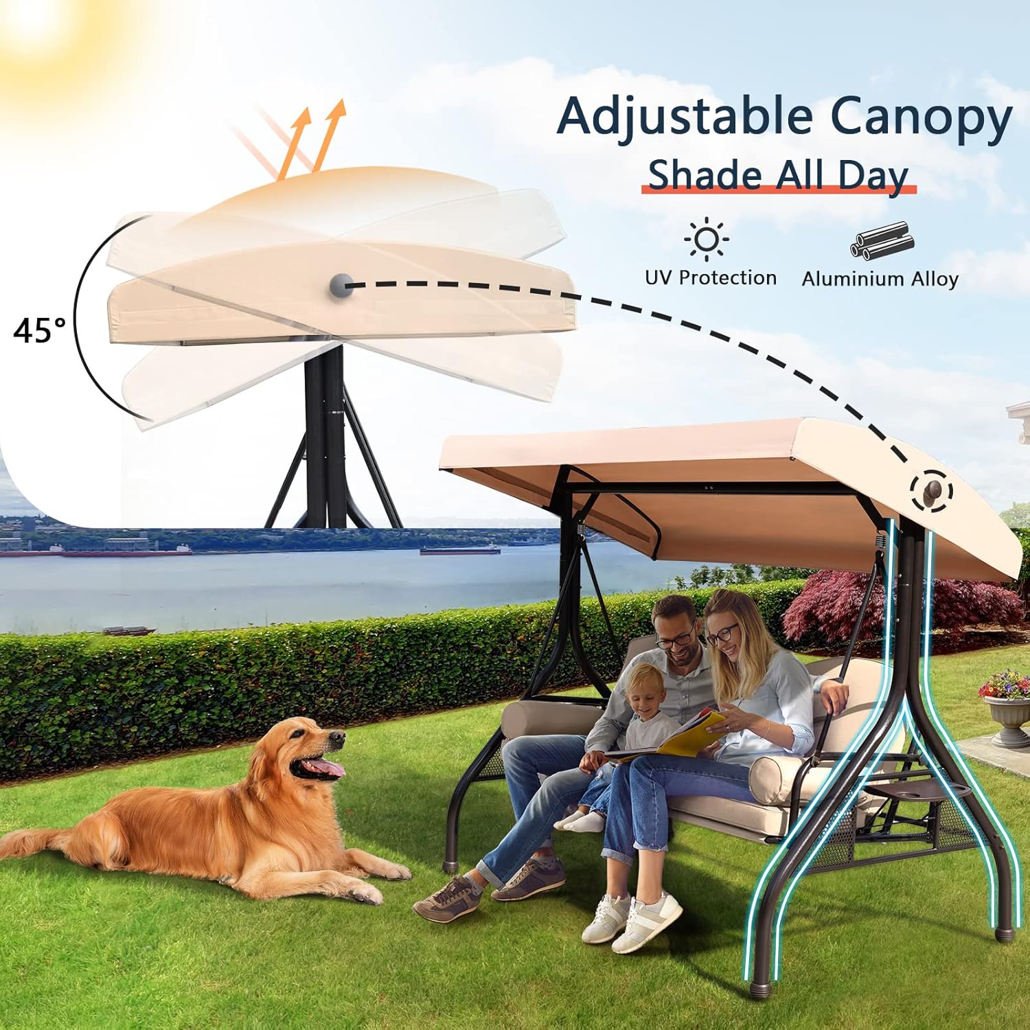 NOBLEMOOD Patio Porch Swing, 3-Seat Outdoor Swing with Adjustable Canopy, Waterproof Fabric Cushion, Pillow and Foldable Side Tray for Patio, Backyard, Porch Swing Bed for Spring