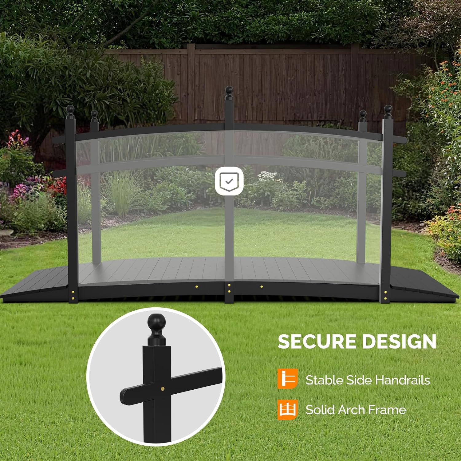 VINGLI Garden Bridge, Classic Wooden Arch with Safety Rails Footbridge (Black, 7.5 ft)