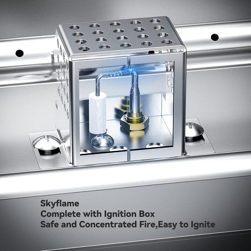 Skyflame 30" Rectangle Stainless Steel Fire Pit Drop-in Burner Kit with Extinguishing Protection Device, Electronic Spark Ignition, and Propane Regulator Hose Set