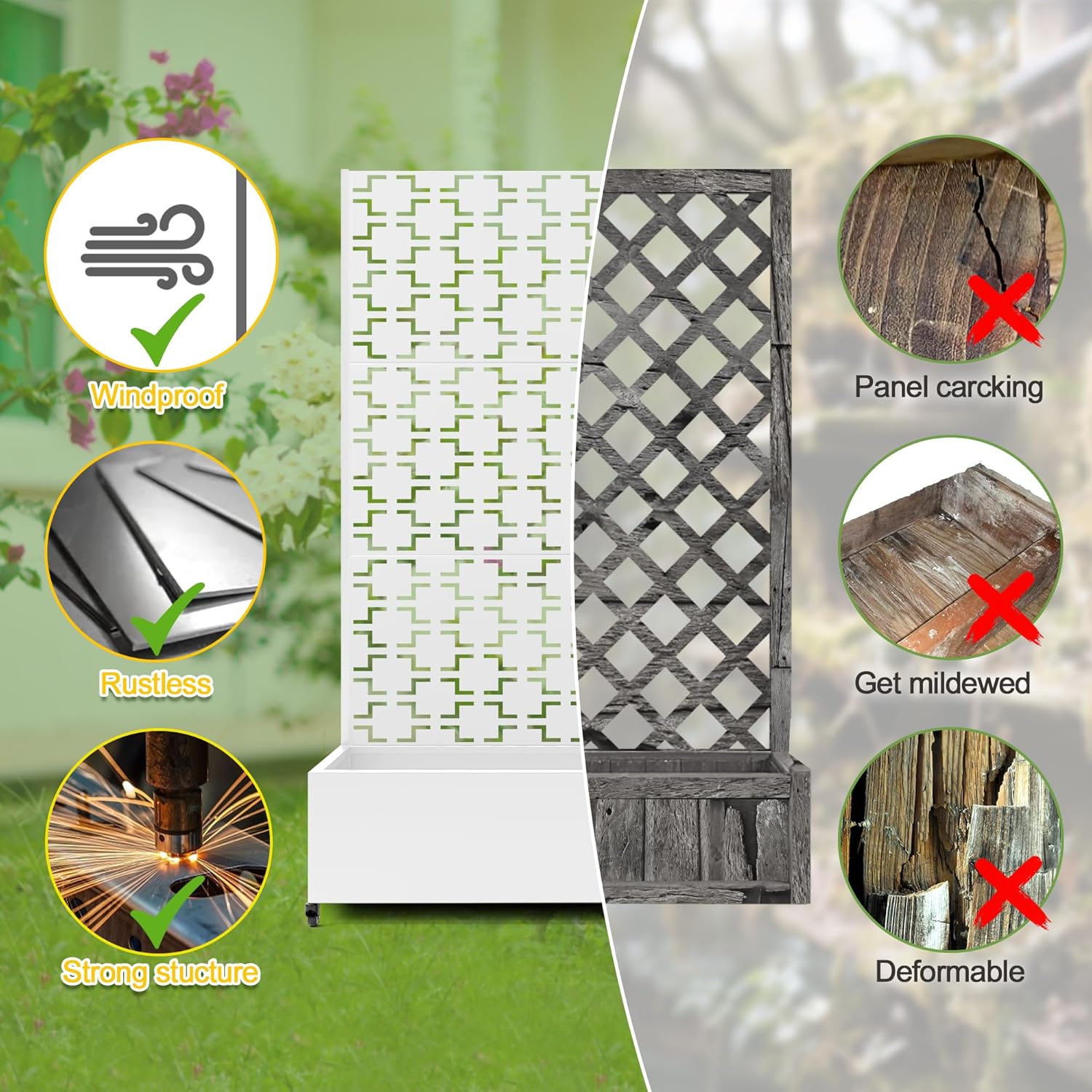 FENCY Metal Raised Garden Bed with Wheels and Trellis,73"x47"x16" Planter Box for Climbing Plants, Vegetables & Vines, Features Privacy Screen and Drainage Holes (White-Square)