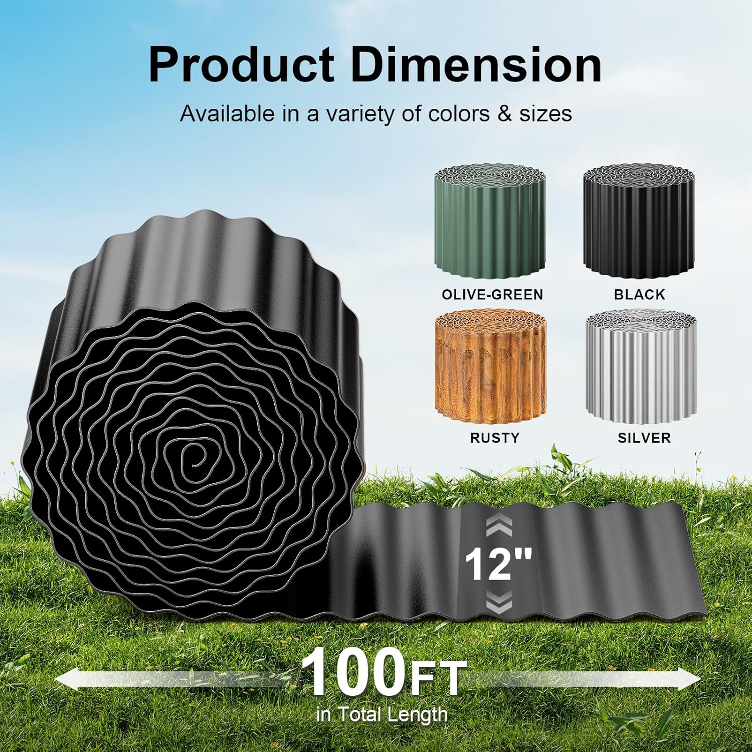 Land Guard Corrugated Garden Edging Border, 12" × 100' Landscape Paver Edging, Tall Landscape Edging, Fence for Garden, Flower Bed, Lawn and Landscape Edging (Black)