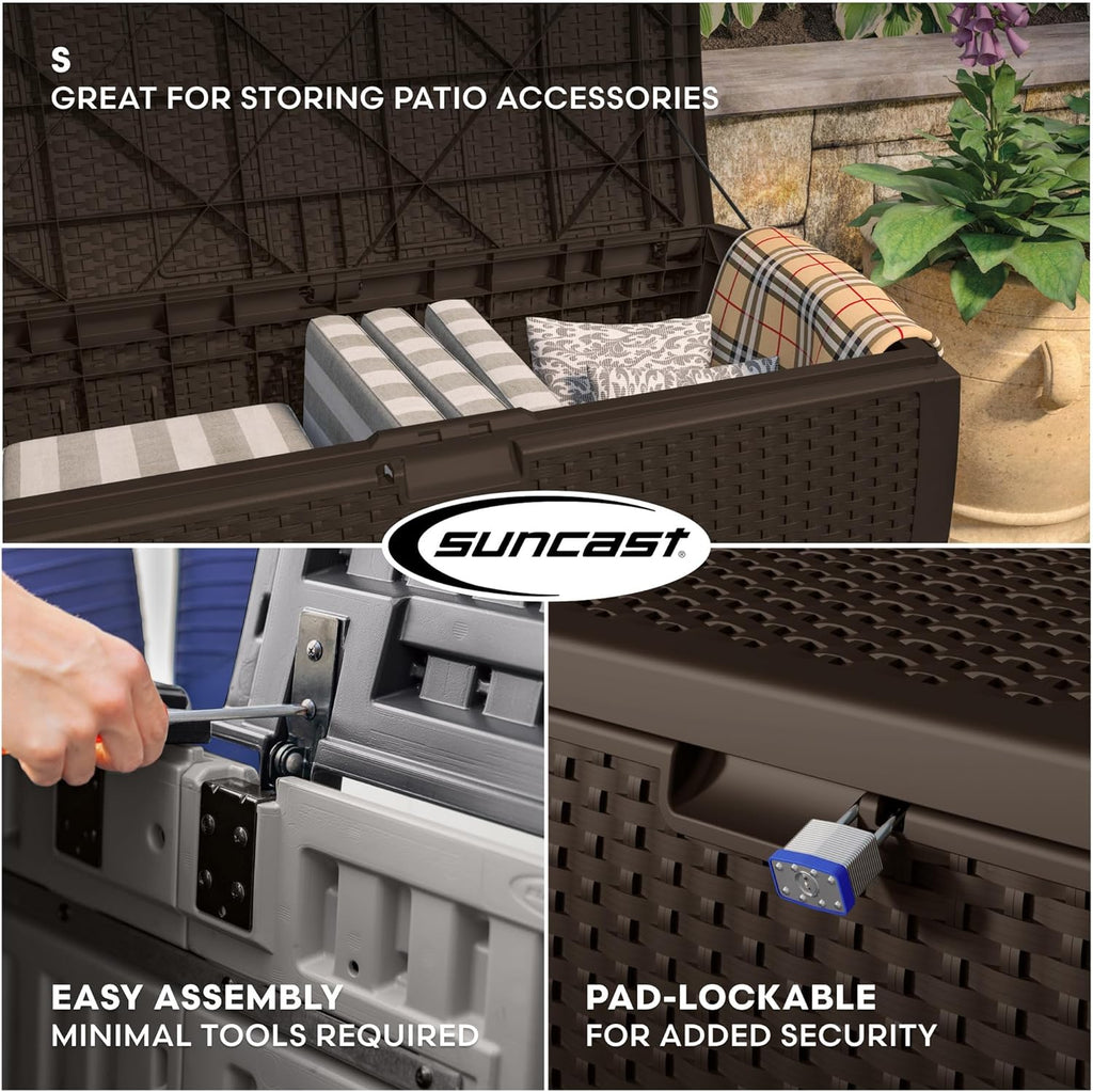 Suncast DBW9200 99 Gallon Outdoor Wicker Plastic Patio Storage Chest Bin with Handles for Patio, Garden, Garage, or Pool for All Weather, Mocha