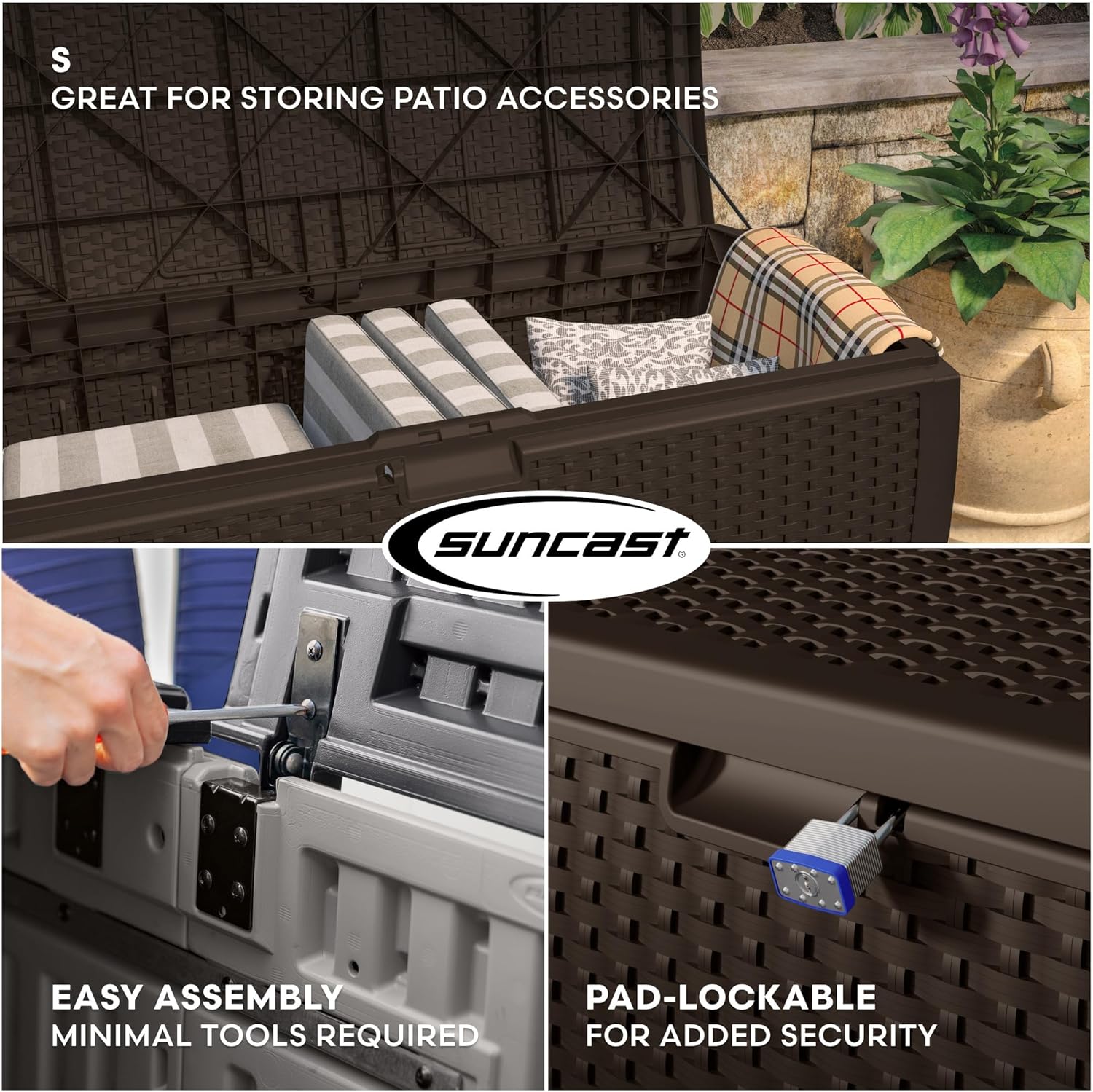 Suncast DBW9200 99 Gallon Outdoor Wicker Plastic Patio Storage Chest Bin with Handles for Patio, Garden, Garage, or Pool for All Weather, Mocha