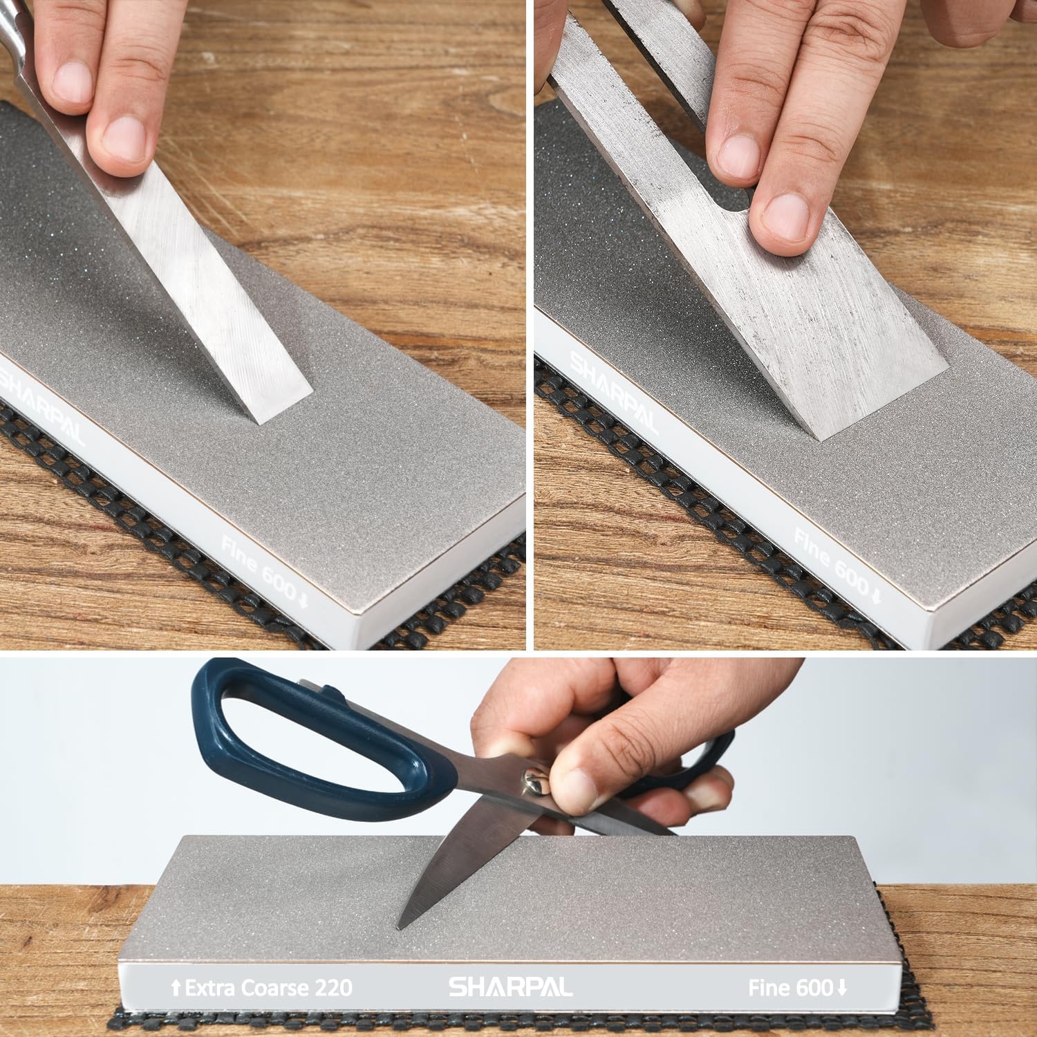 SHARPAL 169H Large 8" x 3" Dual-Grit Diamond Sharpening Stone – Extra-Coarse 220 & Fine 600 Grit Monocrystalline Diamond Whetstone, Professional Knife Sharpener with Anti-Slip Pad and Angle Guide