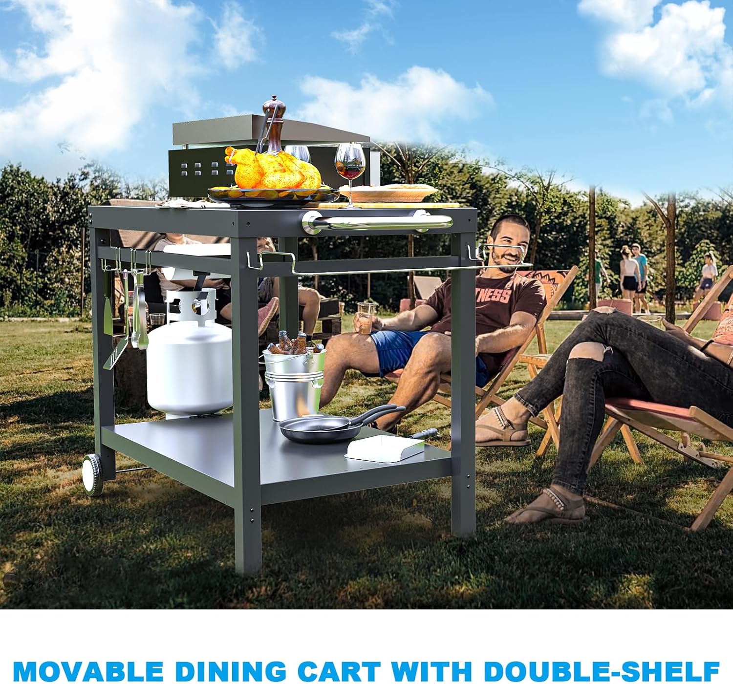 LS'BABQ Outdoor Grill Table Cart, Pizza Oven Stand, BBQ Prep Table with Trash Bag Holder Wheels & Hooks, Double-Shelf Movable Food Prep and Work Stand, Powder-Coated Steel Flattop Grill Cart