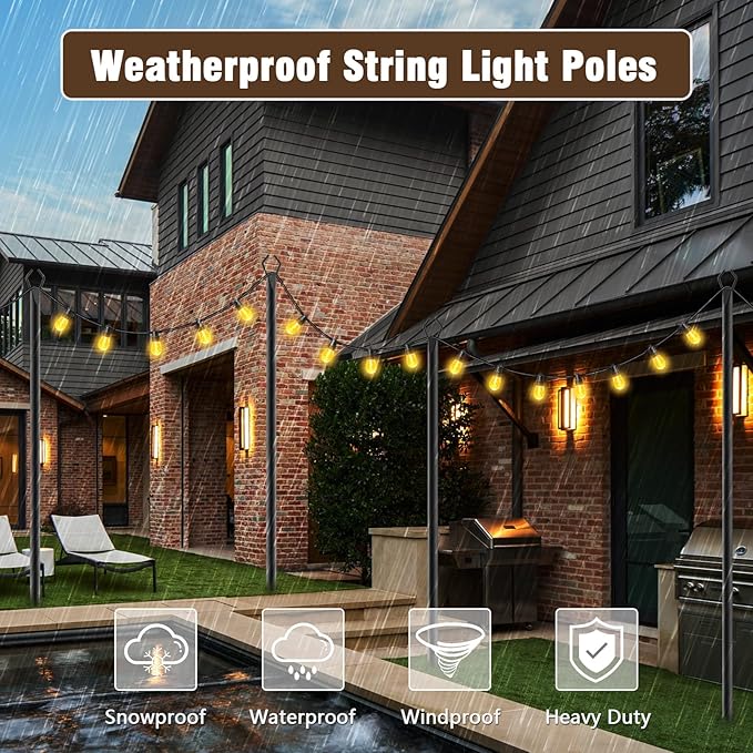 10Ft String Light Poles 4 Pack,Light Poles for Outside Lights,Outdoor with Fence Brackets Hanging Lights,Metal Stand Deck Patio Backyard