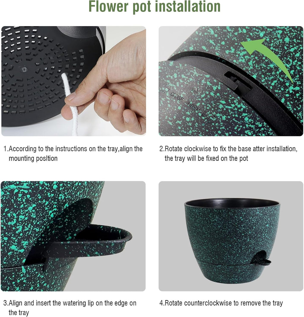 12 inch Large Self Watering Pots, Planter, Plant Pots with Mesh Drainage Holes for Indoor Outdoor House Plants and Garden, Plastic Flower Pots with Reservoir, Black with Green Speckles