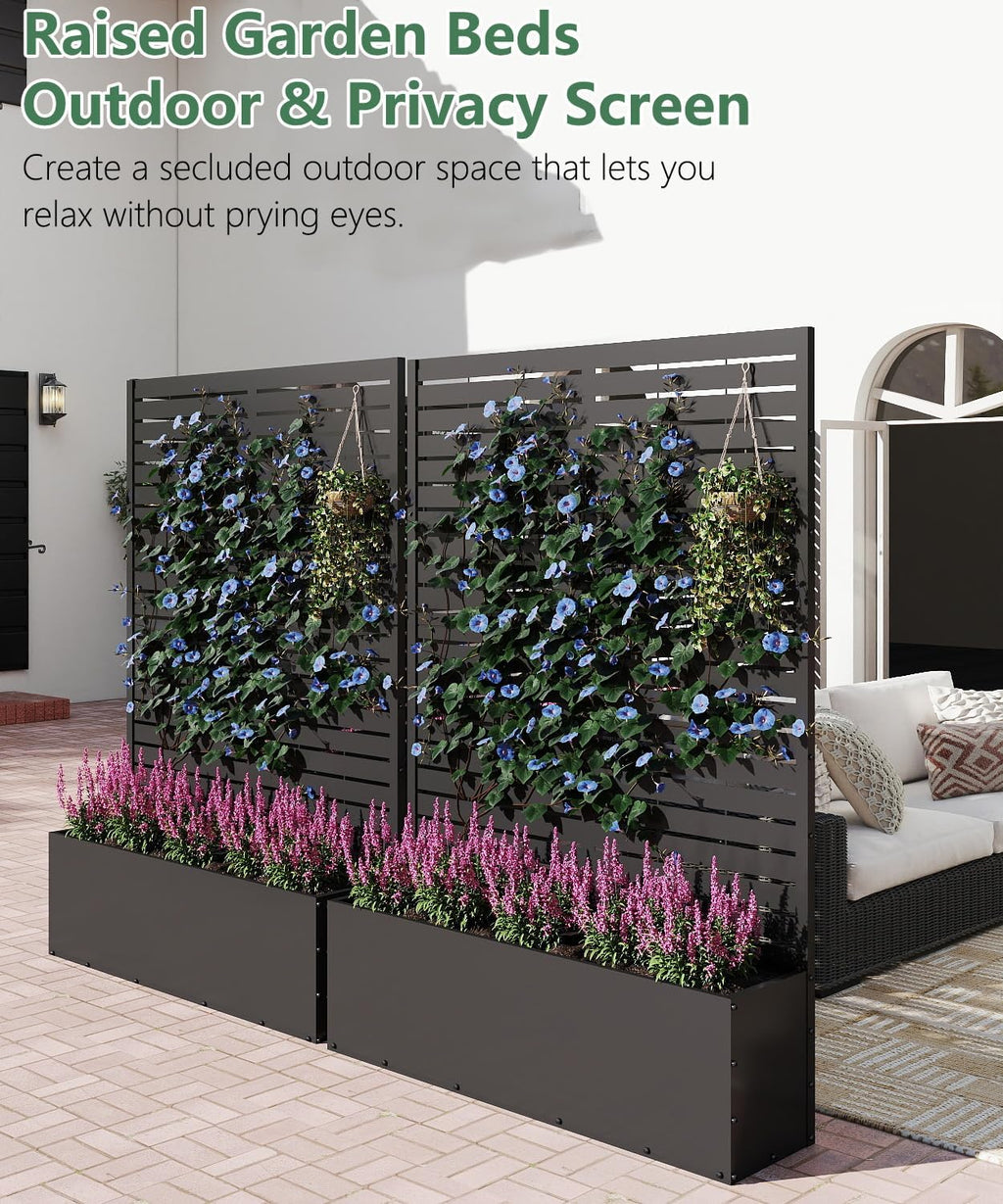 2PCS Metal Planter Box with Trellis,70.9"x47.2"x15.7" Raised Garden Bed with Drainage Holes, Privacy Planters for Outdoor, Garden Bed for Climbing Plants,Vegetables,and Vines, Black-louvered