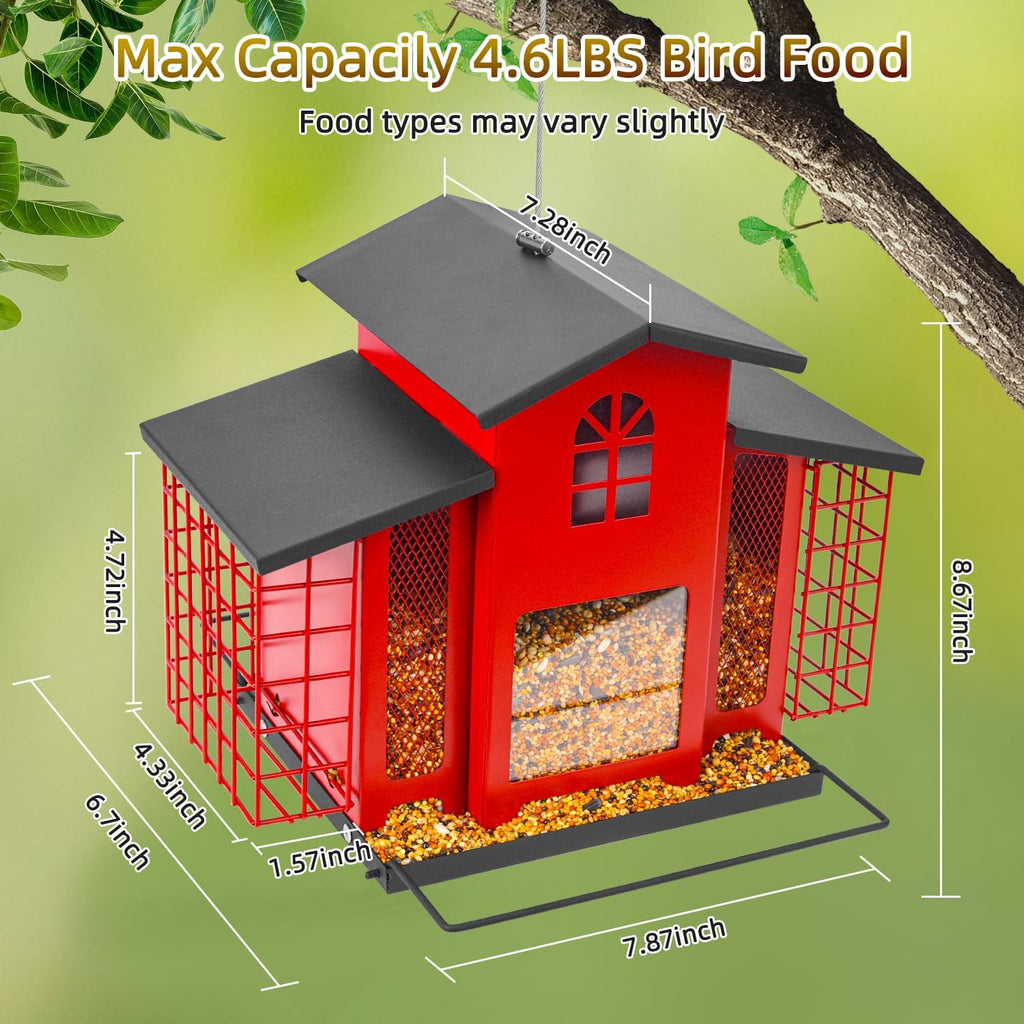 Large Bird Feeders for Outdoors Hanging,Metal Bird Feeder with Double Suet Cage Cake,Sturdy & Weatherproof,Easy to Clean & Refill,4.6Lbs Large Capacity, Great for Attracting Wild Birds,Red