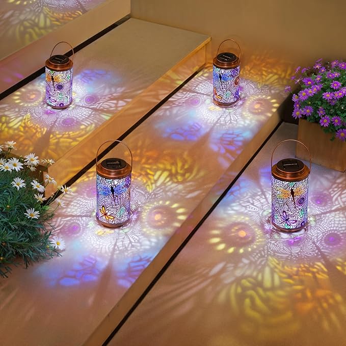 Go2garden 2Pack Solar Outdoor Lanterns Waterproof Dragonfly Garden Gifts for Women Patio Decor Lights Metal Lantern for Yard, Tabletop, Porch, Outside,Mothers Day Gifts for Mom Women