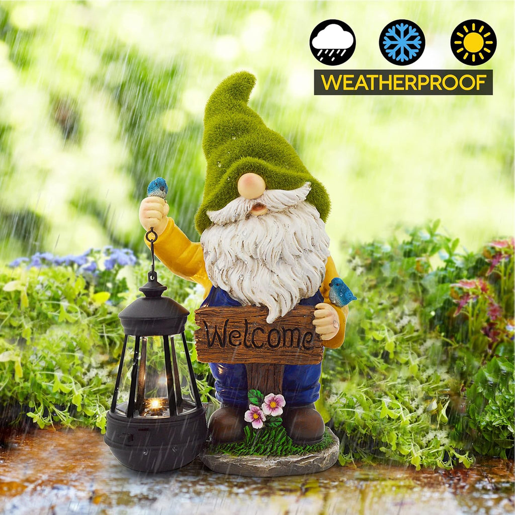 Christmas Garden Gnomes Outdoor - Flocked Gnome Statue Holding Lantern with Solar LED Lights | Gnomes Garden Decorations for Patio, Yard, Lawn Ornaments - Gnome Gifts