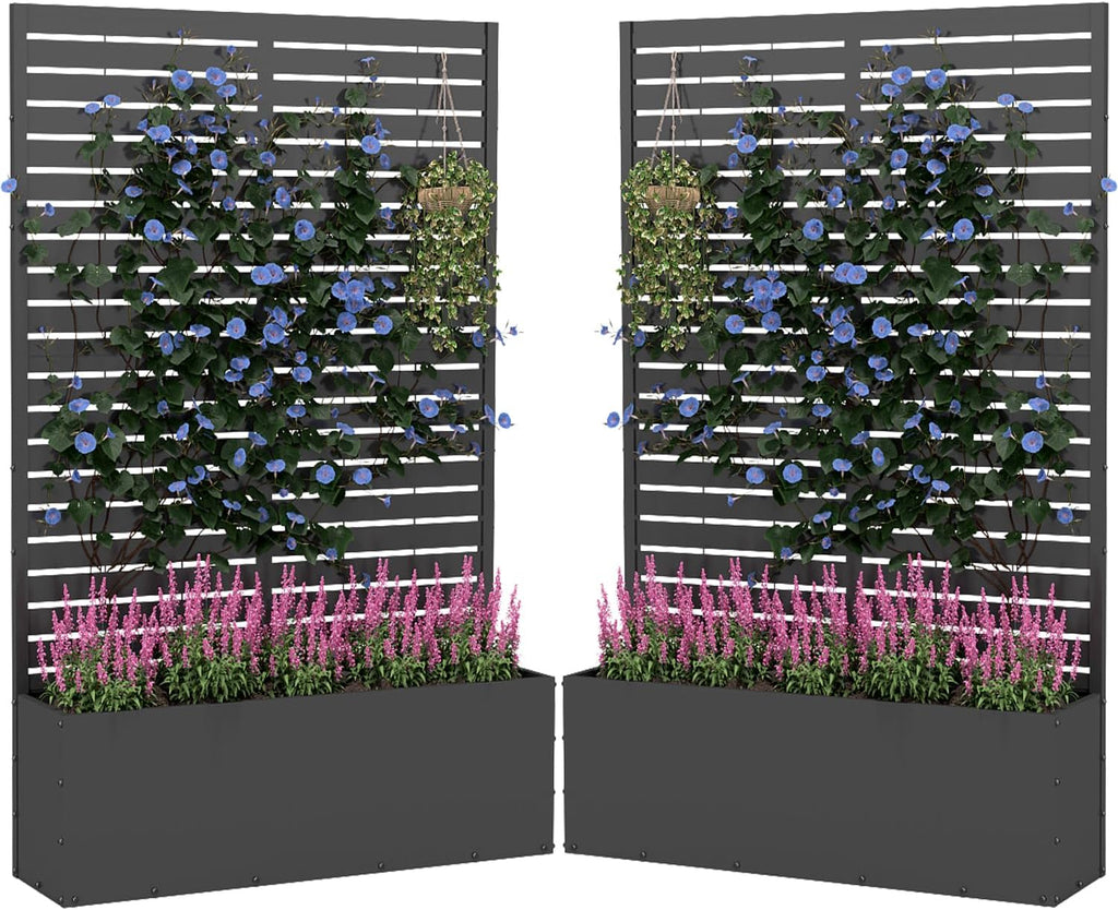 2PCS Metal Planter Box with Trellis,70.9"x47.2"x15.7" Raised Garden Bed with Drainage Holes, Privacy Planters for Outdoor, Garden Bed for Climbing Plants,Vegetables,and Vines, Black-louvered